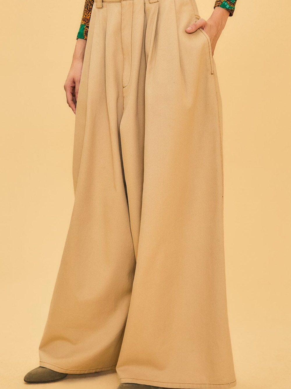 Farm Rio Khaki Wide Leg Palazzo Pants Low Rise Pleated 100% Cotton S - Picture 4 of 15